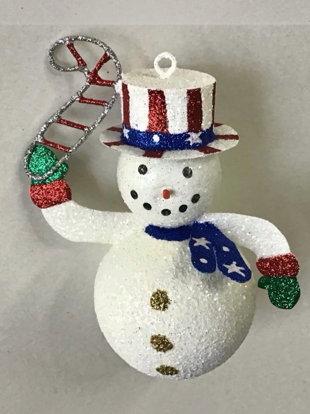 Patriotic Snowman Ornament Candy Cane Glittery Red White Blue Christmas Holiday